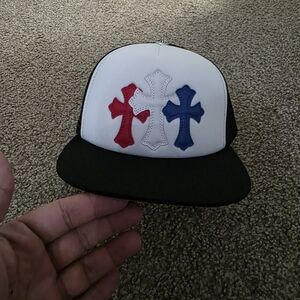 Chrome Hearts Black and White Trucker Hat with Red and Blue Crosses